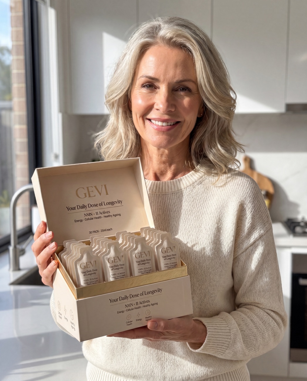 Julie M., a verified Gevi customer, in her kitchen